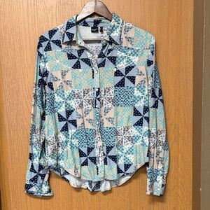 Cruel Girl Blue and Cream Patterned Button-Down Shirt